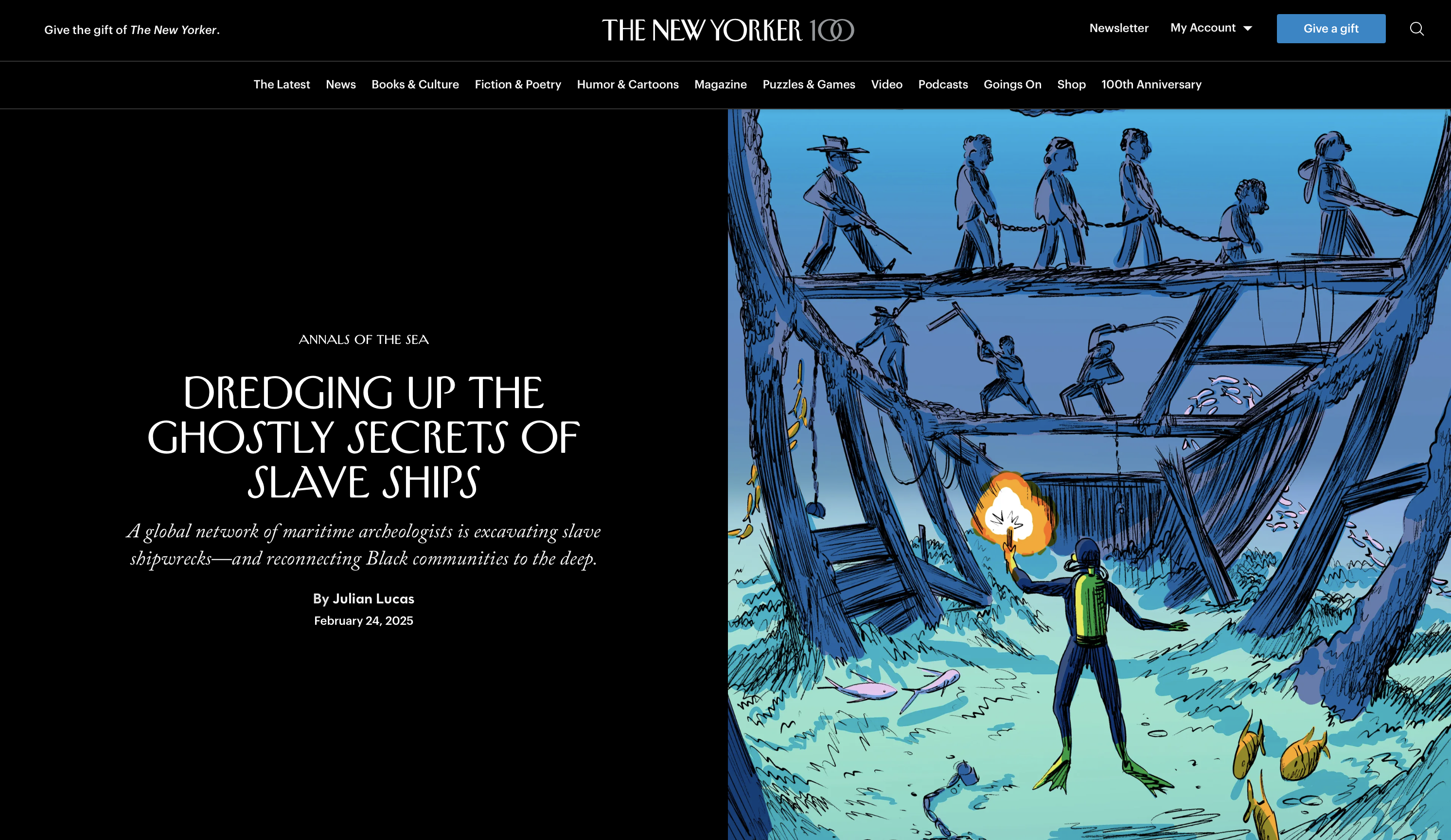The New Yorker website with the article's title "Dredging Up the Ghostly Secrets of Slave Ships" on the left side of the photo. On the right side is an illustration of an underwater scuba diver in the midst of a sunken slave ship.